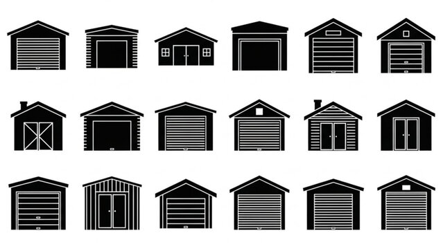 Collection of various shed and garage icons in black silhouette