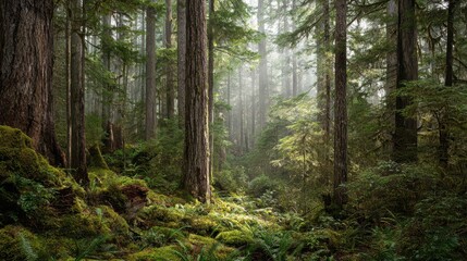Fototapeta premium Wild woodland scene with mossy trunks, ferns, and dappled light through green canopy