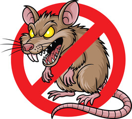 Obraz premium Angry Rat Character with Sharp Teeth inside No Entry Red Prohibited Sign for Pest Control and Hygiene Services