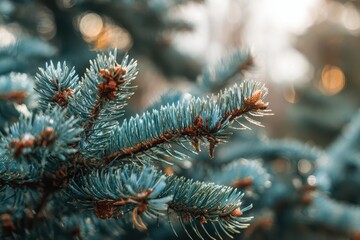 Winter scene focused on blue spruce needles with frost and warm bokeh lights