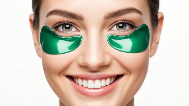 Young woman smiling while wearing green eye patches in spa setting  