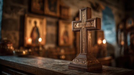 Wooden Orthodox cross with three beams on a candlelit church altar
