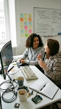 Two diverse female programmers collaborating on code. Women working together in a tech startup office. Teamwork and women in STEM concept