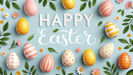 A festive happy easter flat lay with colorful eggs and spring flowers