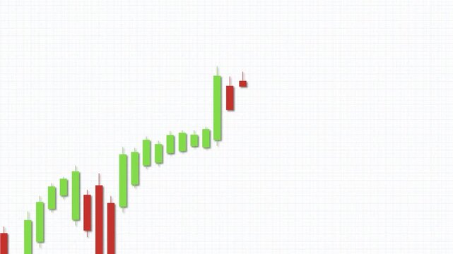 Series of green and red candlesticks on a pale grid, indicating upward price momentum. Rising trend