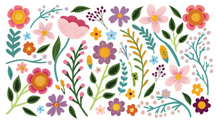 Obraz premium Vibrant floral pattern with colorful flowers and leaves on white background