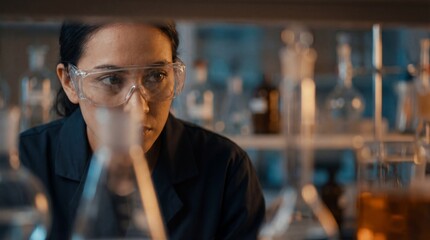 Female scientist in safety glasses closely observes liquid in a flask during an experiment. A focused laboratory scene suitable for medical research, chemistry, and science education.
