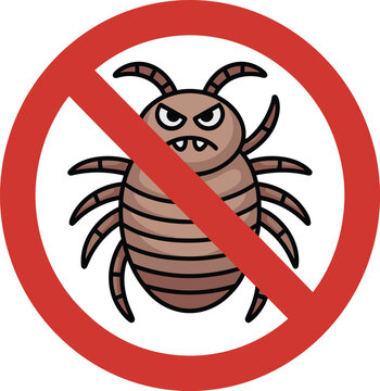 Angry cartoon bed bug or louse character inside a red prohibition circle sign for pest control services extermination and hygiene warning vector