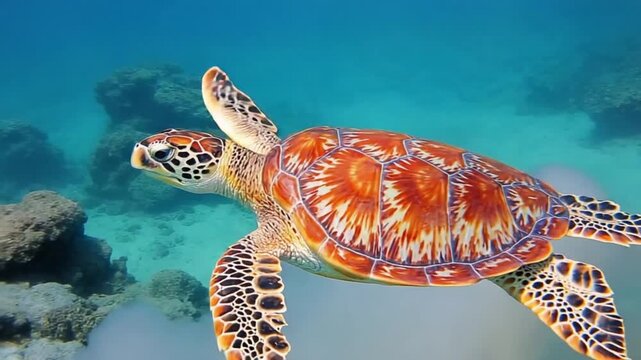 A large sea turtle with a beautiful patterned shell swims in clear turquoise water near coral reefs.