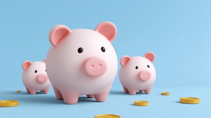 Cute piggy banks on a blue background surrounded by coins, ideal for saving money and financial planning concepts for stock photos and illustrations