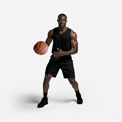 Mockup of black jersey, shorts on dark-skinned man, dribble, basketball ball, front view. AI generation.