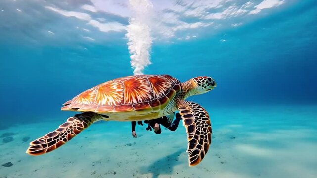 A scuba diver observes a majestic sea turtle swimming in the sun-dappled clear blue ocean.