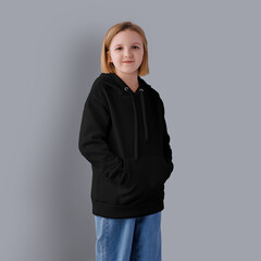 Mockup of a black hoodie on a beautiful girl, front view, for design, pattern, print, branding.