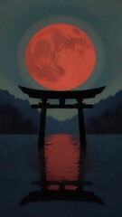 Torii Gate Under the Red Moon
A traditional Japanese torii gate rising from calm waters beneath a red moon.
