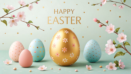 Happy easter spring greeting with painted eggs and flowers