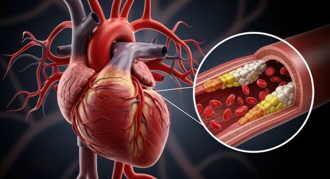 Close-up anatomical view of human heart revealing coronary artery disease progression in detail illustration