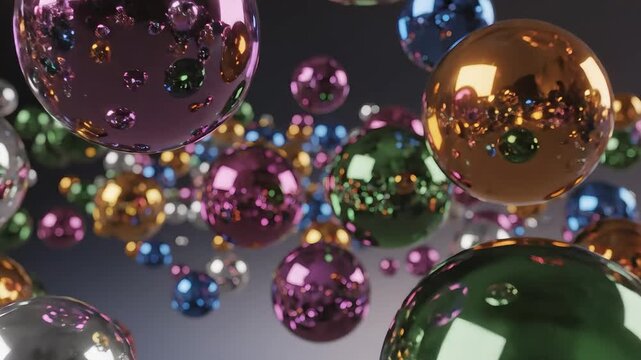 A mesmerizing abstract background featuring a dynamic array of colorful reflective spheres and shiny metallic balls floating and bouncing in a vibrant festive and energetic display perfect for celebr.