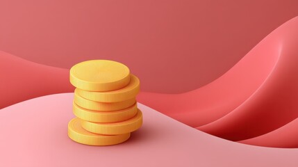 Bright Yellow Coins Stacked on Soft Pink Waves Creating an Elegant Minimalist Background for Financial or Investment Concepts