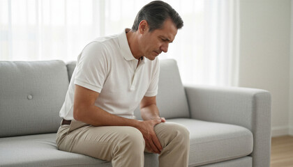 Fototapeta premium Mature Caucasian man in a white shirt sitting on a sofa and holding his painful knee. Concept of joint pain, arthritis, and healthcare at home