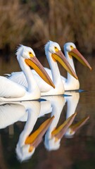 Three white pelicans in a row on a calm lake