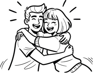 Fototapeta premium Joyful cartoon drawing of a happy young couple sharing a warm enthusiastic embrace against a white background