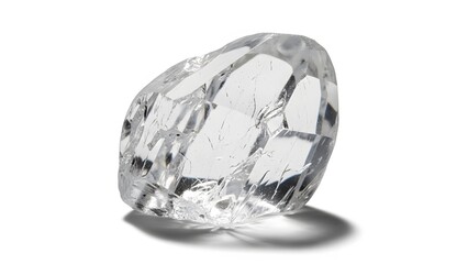 An uncut, rough diamond glimmers on a clean white surface.