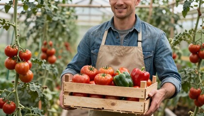 Man carrying basket of fresh tomatoes and peppers in greenhouse  
