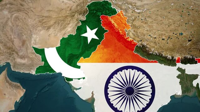 India and Pakistan flags overlaid on a geographical map of the region