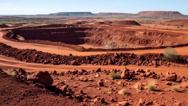 An aerial view shows a red open-pit mine in a desert landscape.
