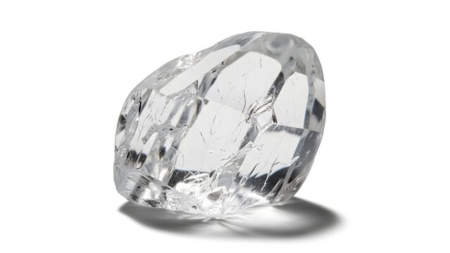 An uncut, rough diamond glimmers on a clean white surface.