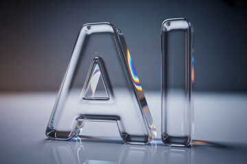 Elegant glass letters form AI, futuristic image. Clear, reflective surfaces, innovation, and modern design suitable for tech, business, and creative projects.