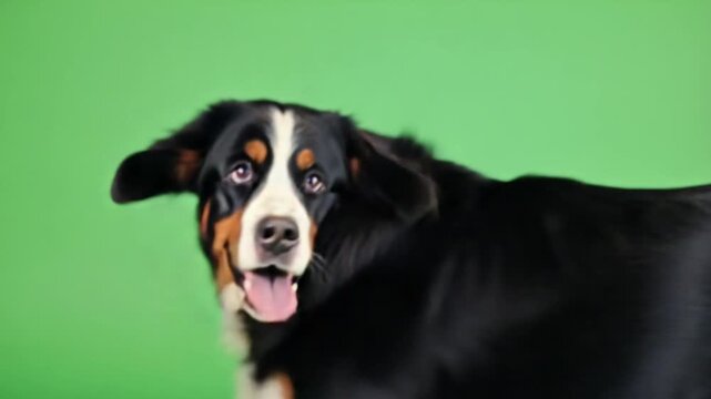 Happy Bernese Mountain Dog on green background looking friendly