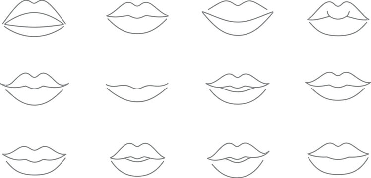 Collection of twelve black line art vector icons illustrating various styles of feminine lips shapes and expressions