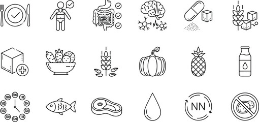 Healthy nutrition icon set illustration, diet wellness and medical food symbols, digestion vitamins hydration concept, organic ingredients, balanced lifestyle, outline flat vector