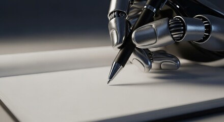 Close up of a highly detailed metallic robotic hand holding a black pen poised above a blank white sheet of paper ready to write or sign a document.