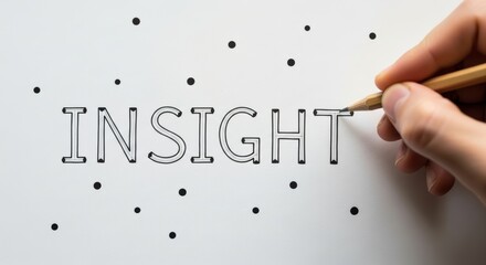 Insight idea creativity brainstorm hand drawing | A hand sketching the word INSIGHT in outlined letters among scattered dots conveying inspiration and reflective emotion