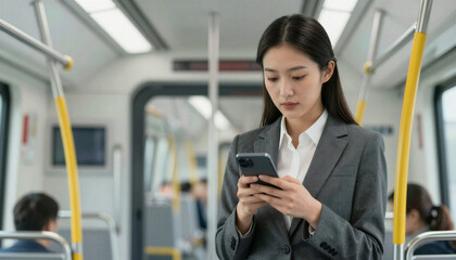 Young Asian woman using smartphone while traveling on subway