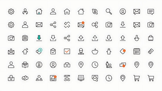 Collection of various business and office icons on white background for design and interface use