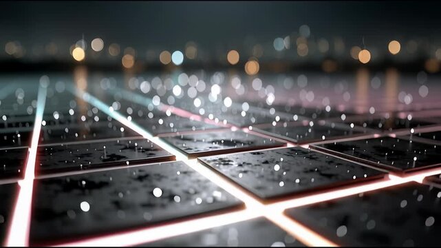 Solar Panels in Rainy Night Scene.