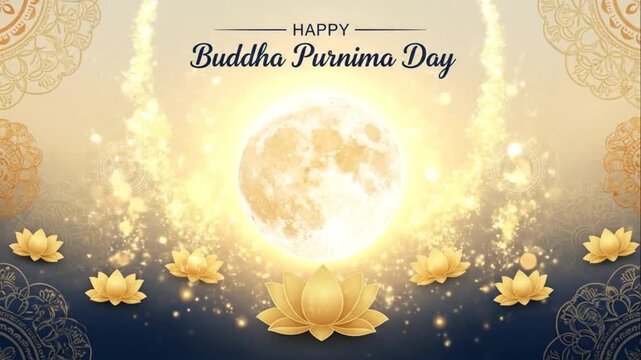 A serene Buddha Purnima Day celebration with a full moon shining brightly surrounded by lotus flowers