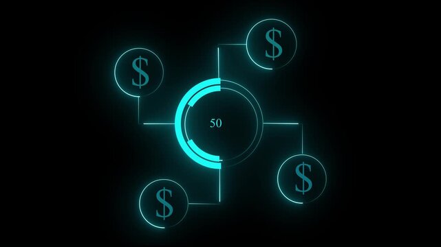Futuristic digital dollar cash investment icon animation with transparent background
