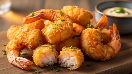 Closeup of crispy golden fried shrimp served with herbs, showing delicious texture and appetizing seafood meal perfect for restaurant, menu, and culinary themes.
