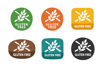 A set of colorful stickers marked &ldquo;gluten-free.&rdquo; Each sticker contains a stylized crossed-out wheat ear (a symbol of gluten absence) and the inscription &ldquo;GLUTEN FREE&rdquo;: