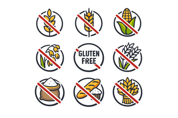 A set of 9 stylized icons in the form of round badges with a red diagonal line (prohibition symbol). They all illustrate products or ingredients that are avoided in a gluten-free diet.