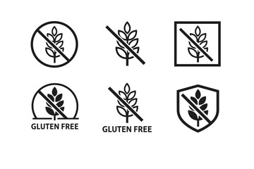 Minimalist black-and-white icons (line art style) indicating a gluten-free product. Based on the silhouette of a wheat ear with a line (crossing) symbolizing the prohibition or absence of gluten.