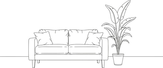 Minimalist line art drawing of a modern couch with a large potted houseplant for interior design