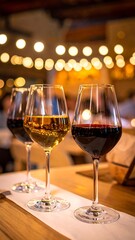 Three wine glasses filled with different colored wine, on a table in a restaurant