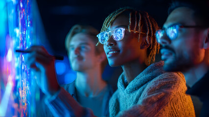 Diverse Team Analyzing Data on Interactive Screen with Reflected Light