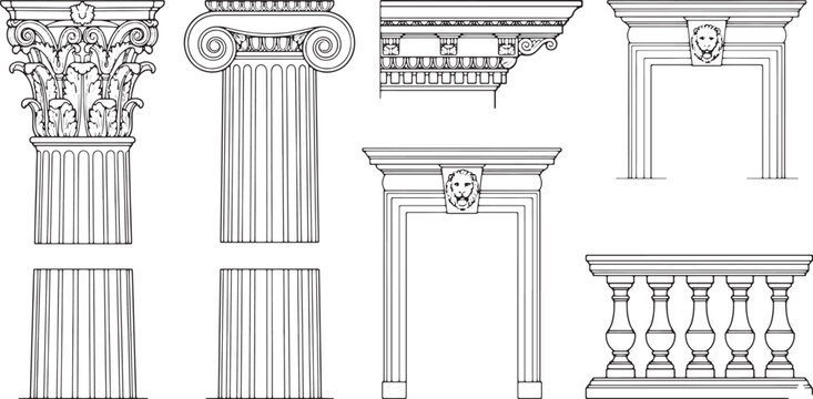 An intricate illustration showcasing a collection of classical architectural elements, meticulously detailed in a clean, elegant style. A study in design.