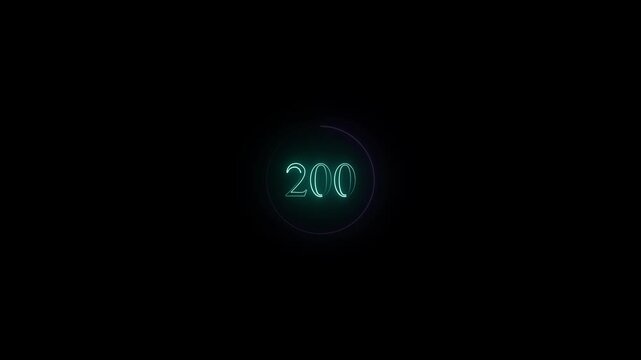 Glowing neon number 200 text animation for futuristic dark background